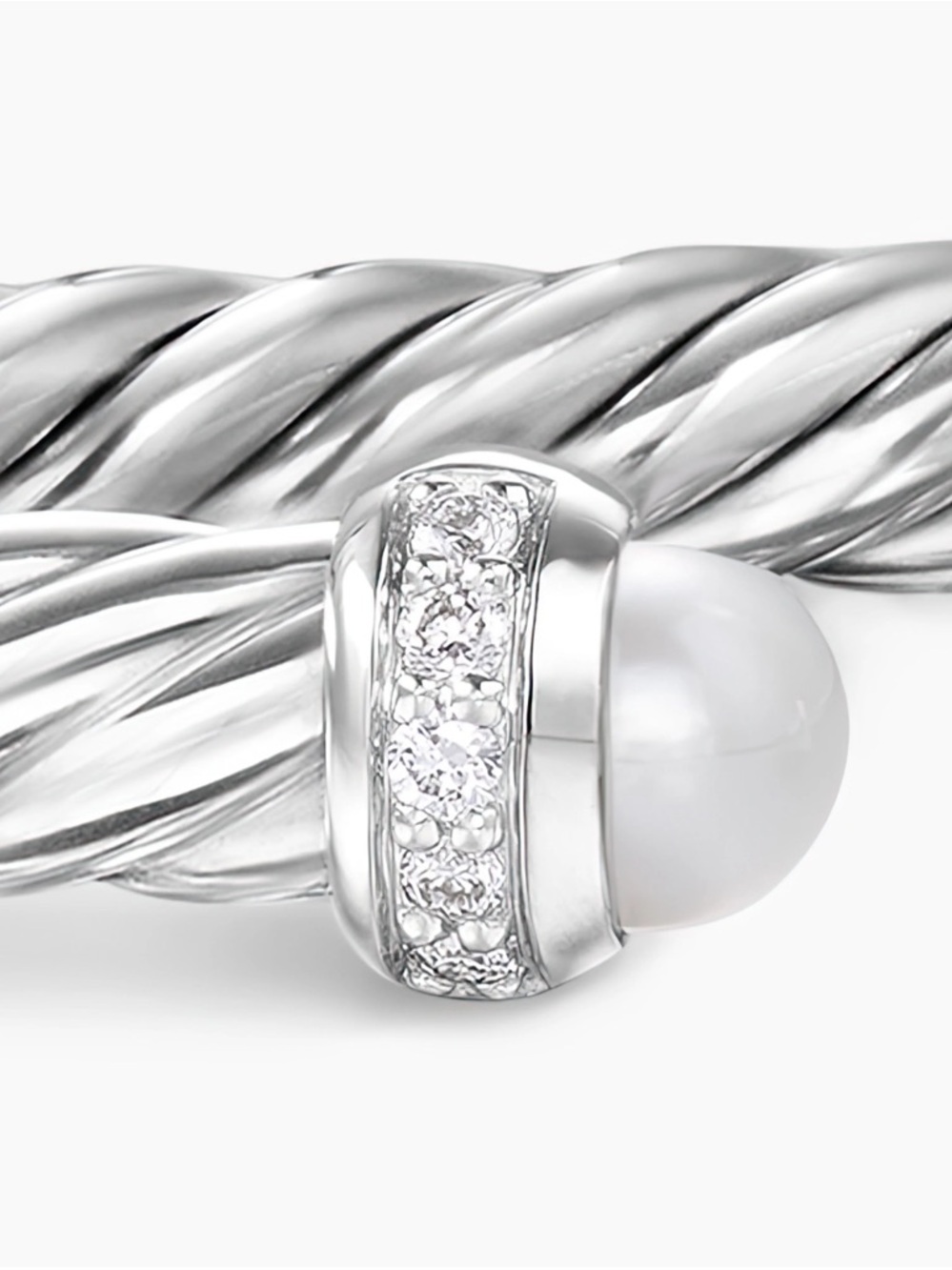 David Yurman Silver Cable Cuff with Pearl End Caps & Diamonds - Picture 6 of 11